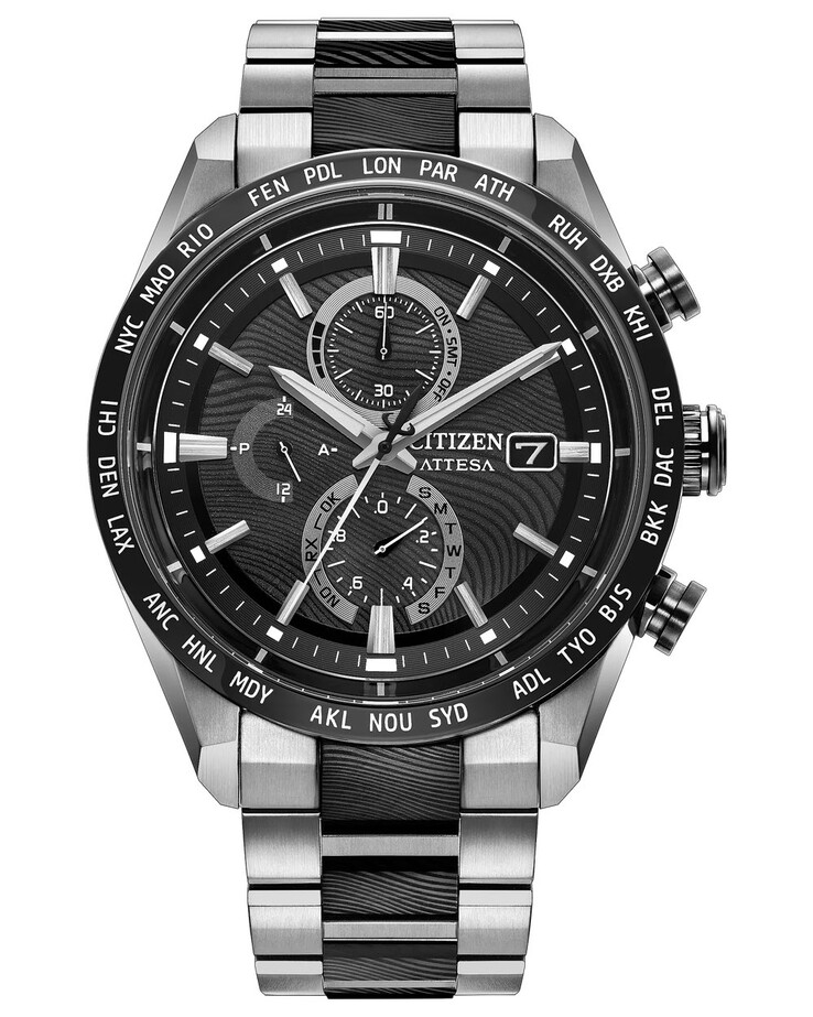 A számlap kiemelkedő elemei közé tartoznak az alkalmazott indexek, a hármas segédszámlapok és a lünetta körüli globális időzóna jelölések.