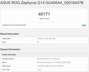 Intel Panther Lake iGPU OpenCL pontszám a Geekbench-en (legrosszabb pontszám). (Kép forrása: Geekbench)
