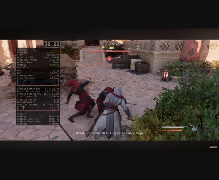 Assassin's Creed Mirage játékmenet iPhone 17 Pro Max A19 Pro chippel, 30 FPS felső határértékkel, magas grafikai beállításokkal és MetalFX időbeli felskálázással. (MrMacRight a YouTube-on keresztül)