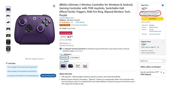 A 8BitDo Ultimate 2 vezeték nélküli vezérlőre vonatkozó ajánlat kizárólag az Amazon Prime tagoknak szól. (Kép forrása: Amazon)