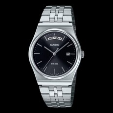 Casio MTP-B146D-1AV rozsdamentes acél óra, fekete, napfényes mintázatú számlappal és ezüst színű karkötővel,