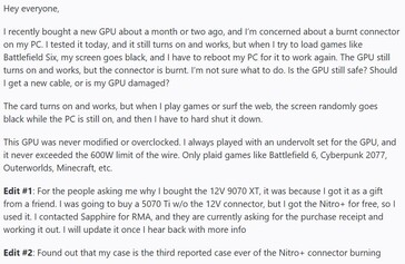 Sapphire Nitro RX 9070 XT 12VHPWR csatlakozó hibája. (Kép forrása: r/pcmasterrace a Reddit-en)