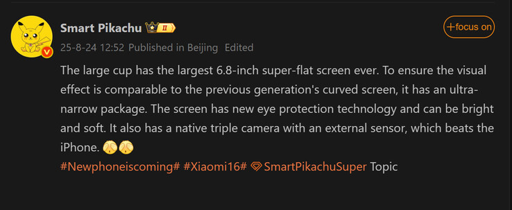 Smart Pikachu jelentése a Xiaomi 16 Pro (Kép forrása: Weibo - gépi fordítás)