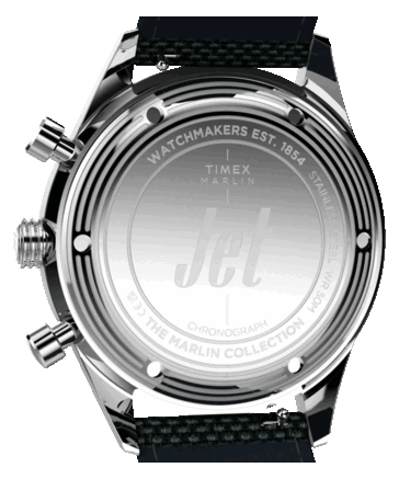 A Timex Marlin Jet Chronograph hátulnézete, amelyen a rozsdamentes acél hátlap látható