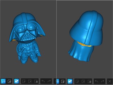 Párhuzamos vonal kék lézerrel szkennelt 3D modell a többnyire fekete Darth Vader figuráról