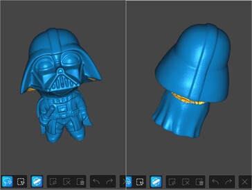 Párhuzamos vonal kék lézerrel szkennelt 3D modell a többnyire fekete Darth Vader figuráról