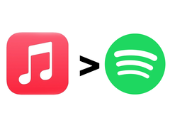 Apple Zenei logó, egy nagyobb mint szimbólum és a Spotify logója.