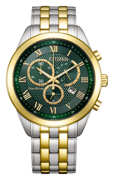Citizen AT2604-56X Eco-Drive kronográf smaragdzöld, texturált számlappal, arany színű kerettel és római számokkal, valamint kétszínű rozsdamentes acél karkötővel.