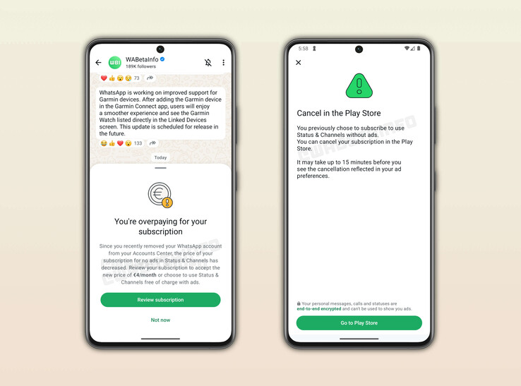 A WABetaInfo képernyőképeken havi 4 eurós előfizetési ár látható (Kép forrása: WABetaInfo)