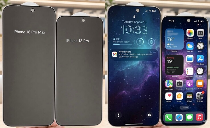A kiszivárgott iPhone 18 Pro sorozatú képernyővédők (balra) magasabbnak tűnnek, mint az iPhone 17 Pro sorozatú társaik. A magasabb kijelző képarányáról szóló kiszivárgást/pletykát más források még nem erősítették meg.