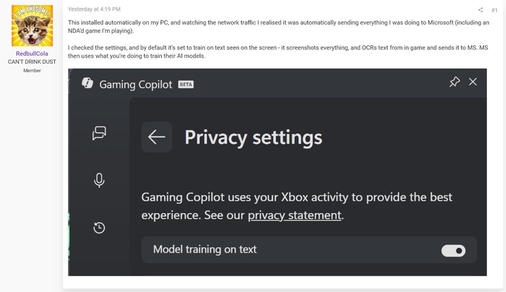 Gaming Copilot adatvédelmi aggályok (Kép forrása: screenshot, RedbullCola@ResetEra fórumok)