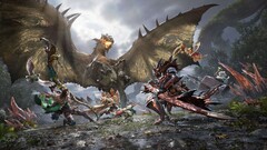 A vadászok egy szárnyas wyvern ellen veszik fel a harcot a Monster Hunter Outlanders játékban. 