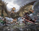 A vadászok egy szárnyas wyvern ellen veszik fel a harcot a Monster Hunter Outlanders játékban. 