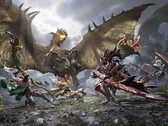 A vadászok egy szárnyas wyvern ellen veszik fel a harcot a Monster Hunter Outlanders játékban. 
