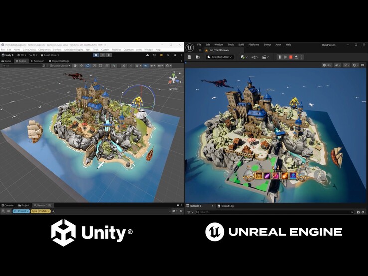 A bemutató összehasonlítja a Unity Editorban futó Fantasy Kingdom projektet az Unreal Engine által renderelt verzióval.