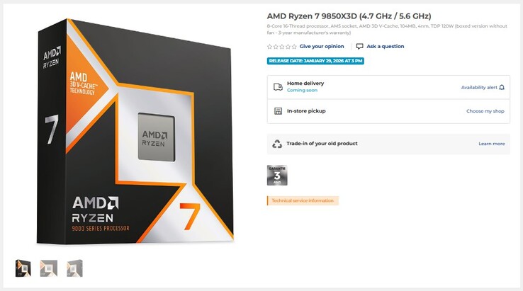 Ryzen 7 9850X3D listázása. (Kép forrása: LDLC)