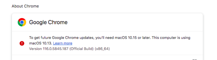 A Chrome 116 (a képen) a Chrome legújabb verziója, amely a macOS 10.13 operációs rendszerhez érhető el, és bár egyelőre elég jól működik, nem lehet tudni, meddig fog ez tartani. (Kép forrása: Pillanatkép - Notebookcheck)
