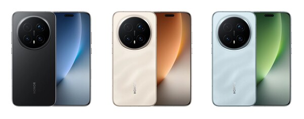 A Honor Magic 8 Pro fekete, Sunrise Gold és Sky Cyan színekben. (Kép forrása: Honor)