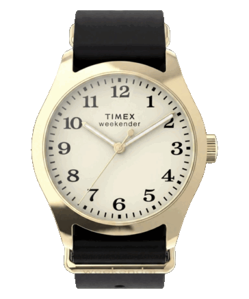 A Timex Weekender New England TW2Y86600 modell 34 mm-es arany színű tokot, krém színű számlapot és fekete bőr szíjat tartalmaz.