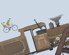 A Happy Wheels játékmenete, amelyen egy apa és gyermeke látható, akik egy felhasználó által létrehozott akadálypályán kerékpároznak egy nagy mozdony felé.