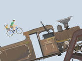 A Happy Wheels játékmenete, amelyen egy apa és gyermeke látható, akik egy felhasználó által létrehozott akadálypályán kerékpároznak egy nagy mozdony felé.