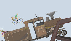 A Happy Wheels játékmenete, amelyen egy apa és gyermeke látható, akik egy felhasználó által létrehozott akadálypályán kerékpároznak egy nagy mozdony felé.
