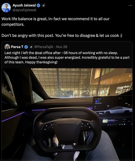 az xAI alkalmazottja, Parsa Tajik azt állította, hogy 36 órán át dolgozott alvás nélkül. (Kép forrása: X)