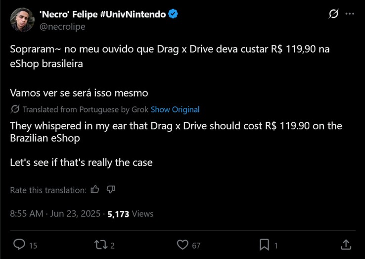 'Necro Felipe' X poszt a Drag x Drive áráról (Kép forrása: 'Necro' Felipe X fiók)