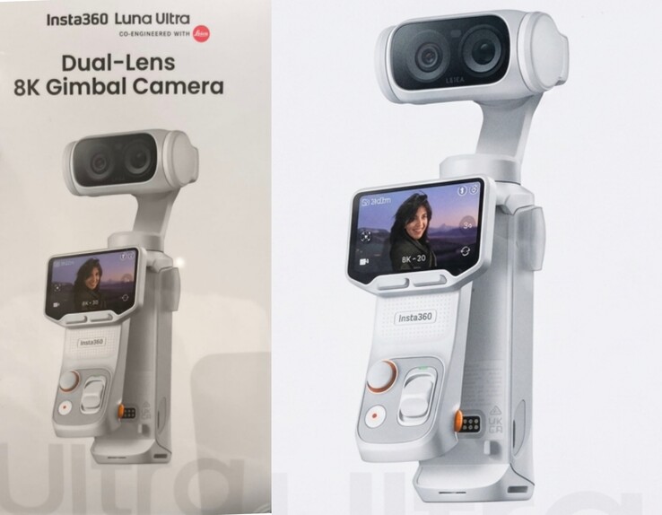 Az Insta360 Luna Ultra eredeti kiskereskedelmi doboza (balra) és a mesterséges intelligenciával javított közeli kép (jobbra).