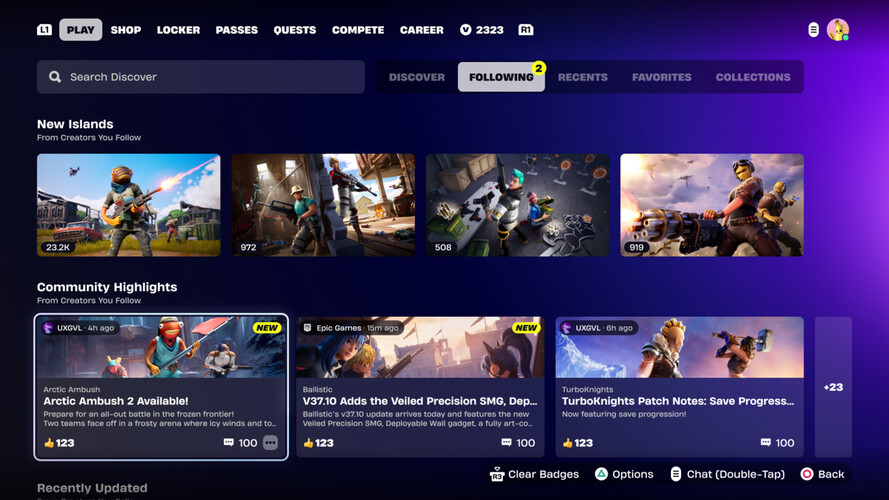 A Fortnite javasolt Creator Communities szekciójának képernyőképét. (Kép forrása: Epic Games)