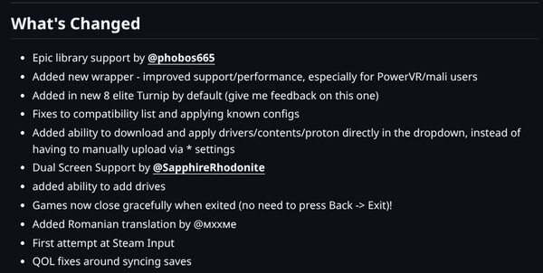 A GameNative 0.7.1-es verziójának változáslistáját bemutató képernyőkép.