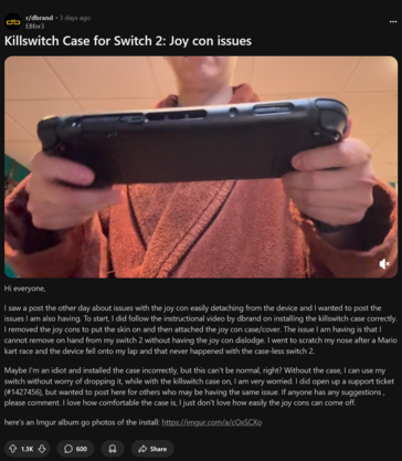 Killswitch Switch 2 Joy-Cons leválási probléma (Kép forrása: screenshot, dbrand subreddit)