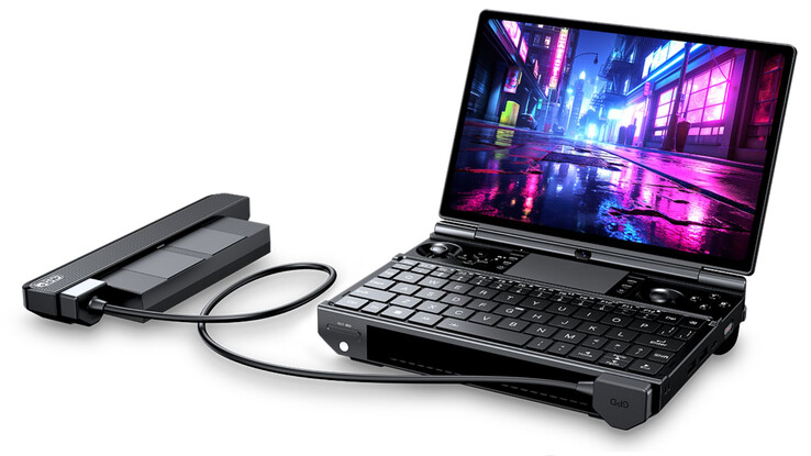 A GPD Win Max 3 cserélhető akkumulátorral, amely egy hosszabbító kábelen keresztül van csatlakoztatva.