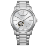 Citizen NH9150-52A automata karóra ezüst színű, napraforgó mintázatú számlappal, a 6 óra feletti nyitott szív kialakítással, rozsdamentes acél tokban és hozzá illő karkötővel.