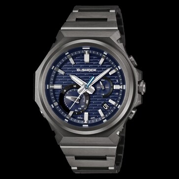 A G-Shock GST-B1000BD-2A előlapja, kék mintás számlap, sötét rozsdamentes acél tok és integrált szíj.