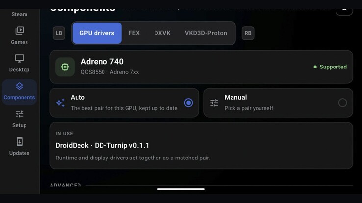 A DroidDeck GPU-illesztőprogramjának beállításai egy Adreno 740-es eszközön. Független kísérleti forkok vizsgálják a PowerVR és a Mali grafikus egységek támogatását.