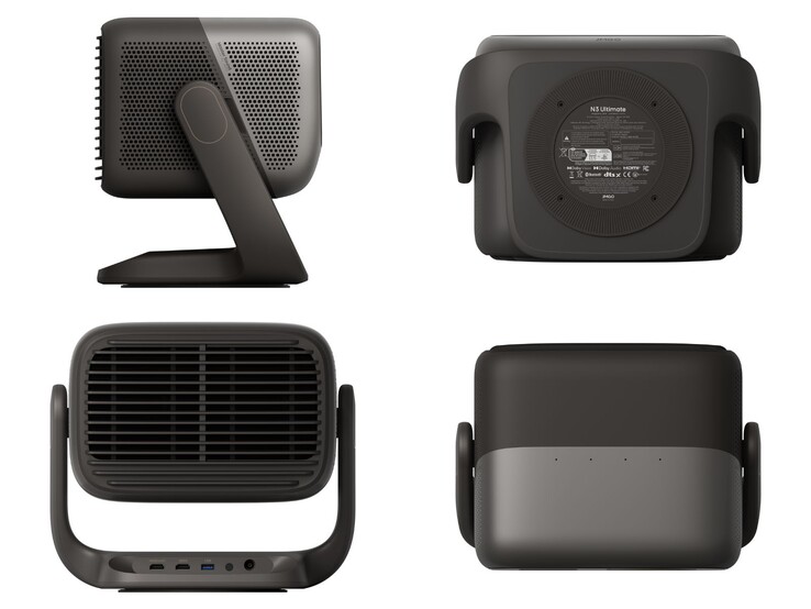 Jmgo N3 Ultimate projektor kialakítása, amely a portokat és a többszögű nézeteket mutatja be