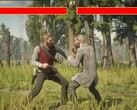 A Red Dead Redemption 2 főszereplője, Arthur Morgan egy NPC-vel harcol Mortal Kombat stílusban. (Kép forrása: Blurbs a YouTube-on, screenshot)