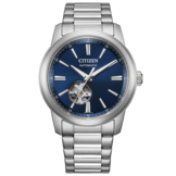 Citizen NH9150-52L automata karóra kék napraforgó mintázatú számlappal, nyitott szív kialakítással, rozsdamentes acél karkötővel és polírozott kerettel.
