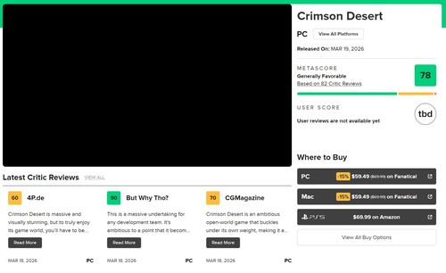 Crimson Desert Metascore a Metacritic-en
