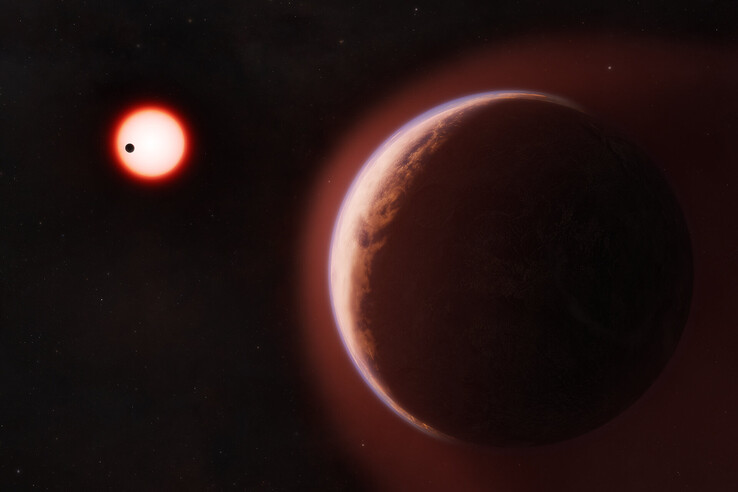 Egy művész illusztrációja, amely az LHS 1140 b exoplanétát ábrázolja.
