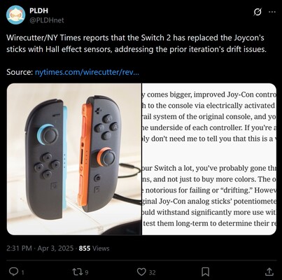 NY Times Wirecutter Switch 2 Joy-Cons impressions X post (Kép forrása: screenshot, PLDH X account)