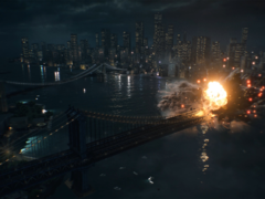 A Battlefield 6 hivatalos bemutatkozó trailerének képernyőmentése, amely egy robbanást mutat a Manhattan-hídon (kép forrása: Battlefield YT)