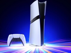 A Sony PlayStation 5 Pro konzol egy függőleges állványon, DualSense vezérlővel