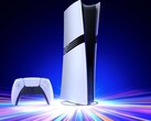 A Sony PlayStation 5 Pro konzol egy függőleges állványon, DualSense vezérlővel