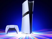 A Sony PlayStation 5 Pro konzol egy függőleges állványon, DualSense vezérlővel