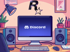 Discord a PC monitoron a Rockstar Games logója alatt (Kép forrása: Discord, Rockstar Games szerkesztéssel)