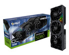 Egy fehér hátterű promóciós kép, amely a Palit RTX 5080 OC Gaming Pro dobozát mutatja, mellette függőlegesen tartott kártyával. (Kép forrása: Palit)