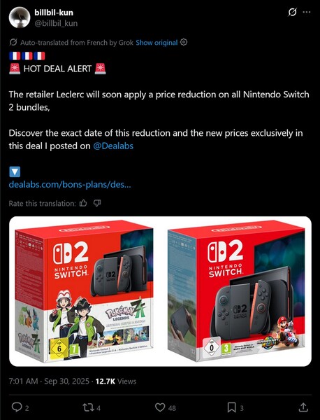 billbil-kun X post on Switch 2 price drop (Kép forrása: screenshot, billbil-kun x account)