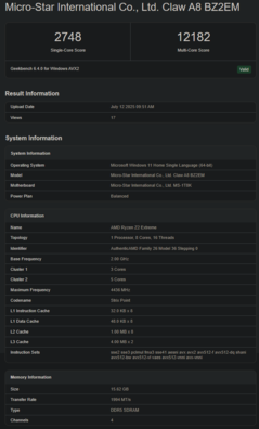 AMD Ryzen Z2 Extreme Geekbench CPU (kép forrása: Geekbench)
